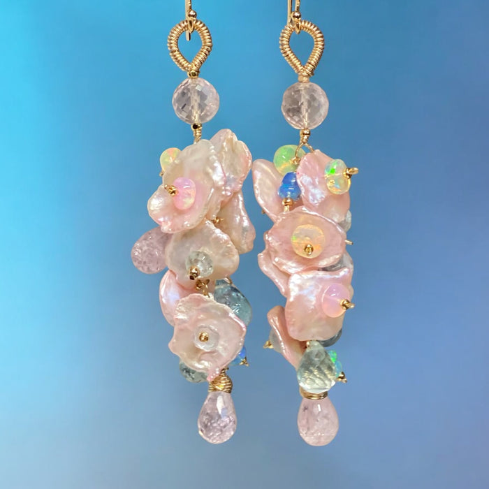 Aquamarine, Morganite, Opal Gemstone and Keishi Pearl Dangle Wedding Earrings 3