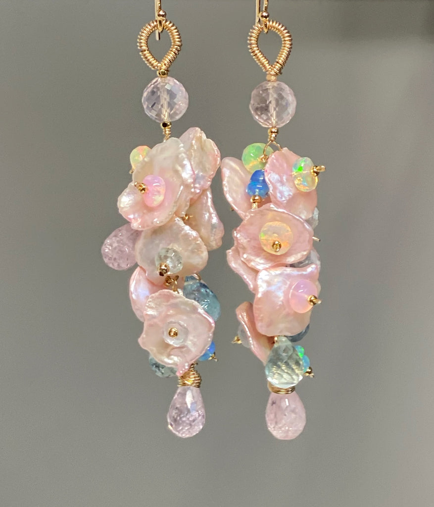 Aquamarine, Morganite, Opal Gemstone and Keishi Pearl Dangle Wedding Earrings 3