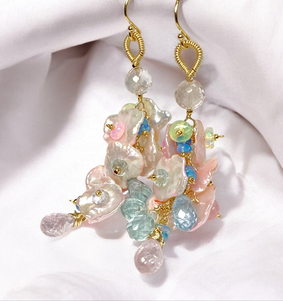 Aquamarine, Morganite, Opal Gemstone and Keishi Pearl Dangle Wedding Earrings 3