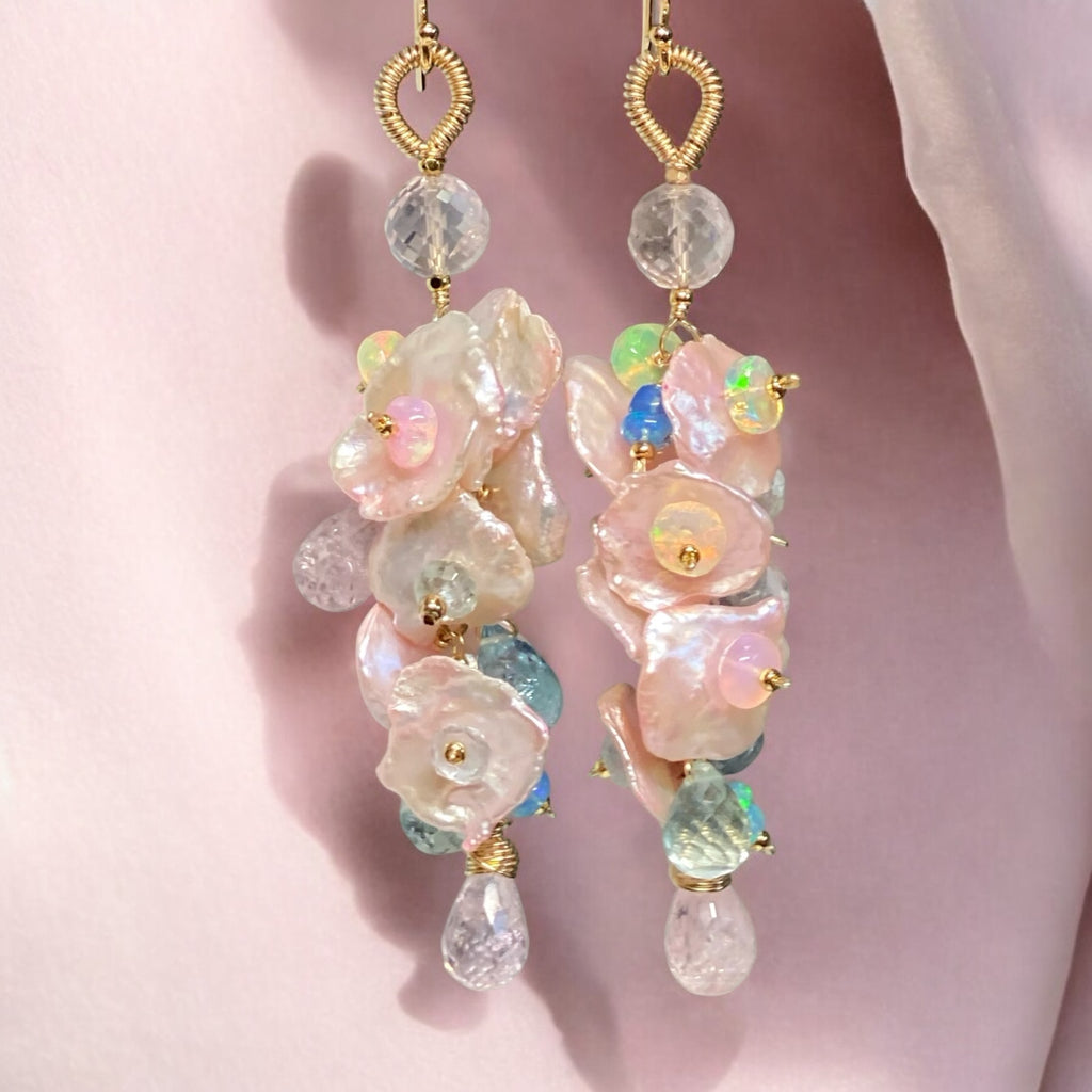 Aquamarine, Morganite, Opal Gemstone and Keishi Pearl Dangle Wedding Earrings 3