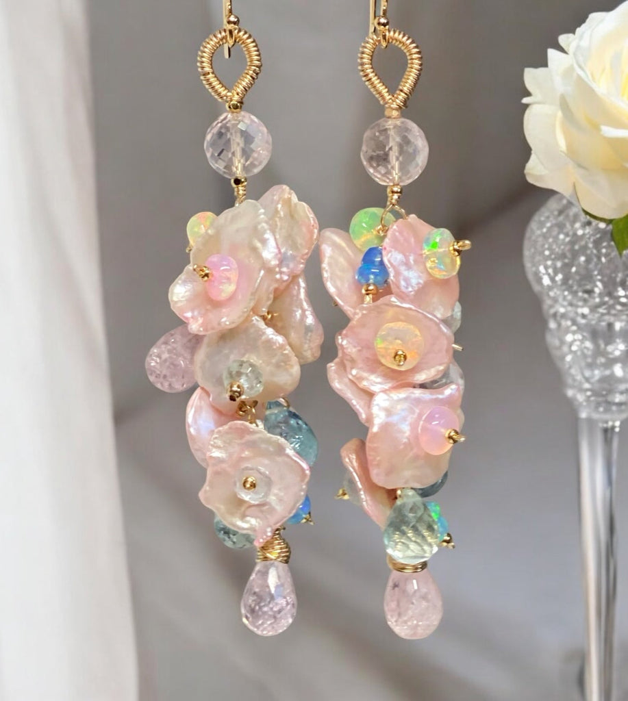 Aquamarine, Morganite, Opal Gemstone and Keishi Pearl Dangle Wedding Earrings 3