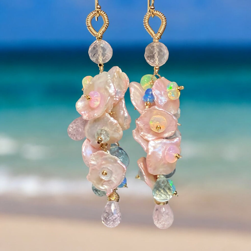 Aquamarine, Morganite, Opal Gemstone and Keishi Pearl Dangle Wedding Earrings 3