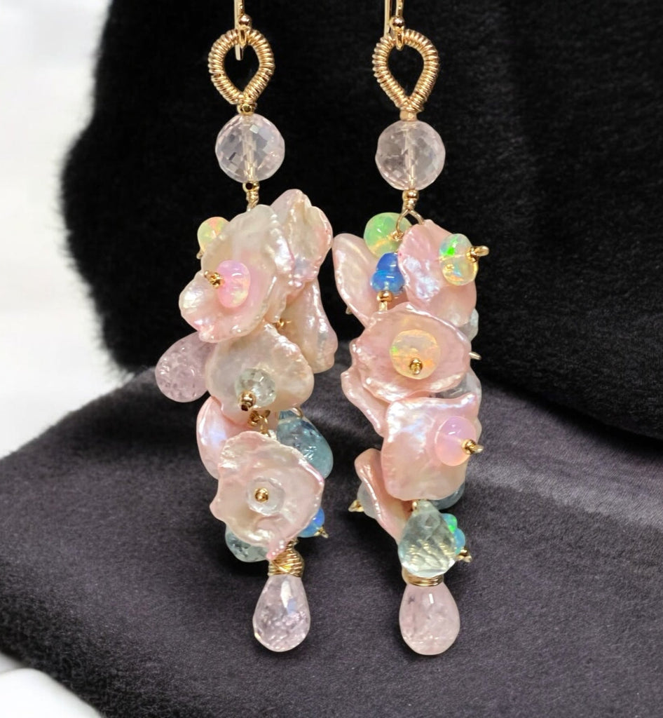 Aquamarine, Morganite, Opal Gemstone and Keishi Pearl Dangle Wedding Earrings 3