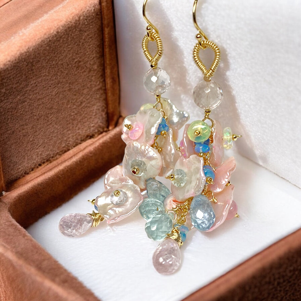 Aquamarine, Morganite, Opal Gemstone and Keishi Pearl Dangle Wedding Earrings 3