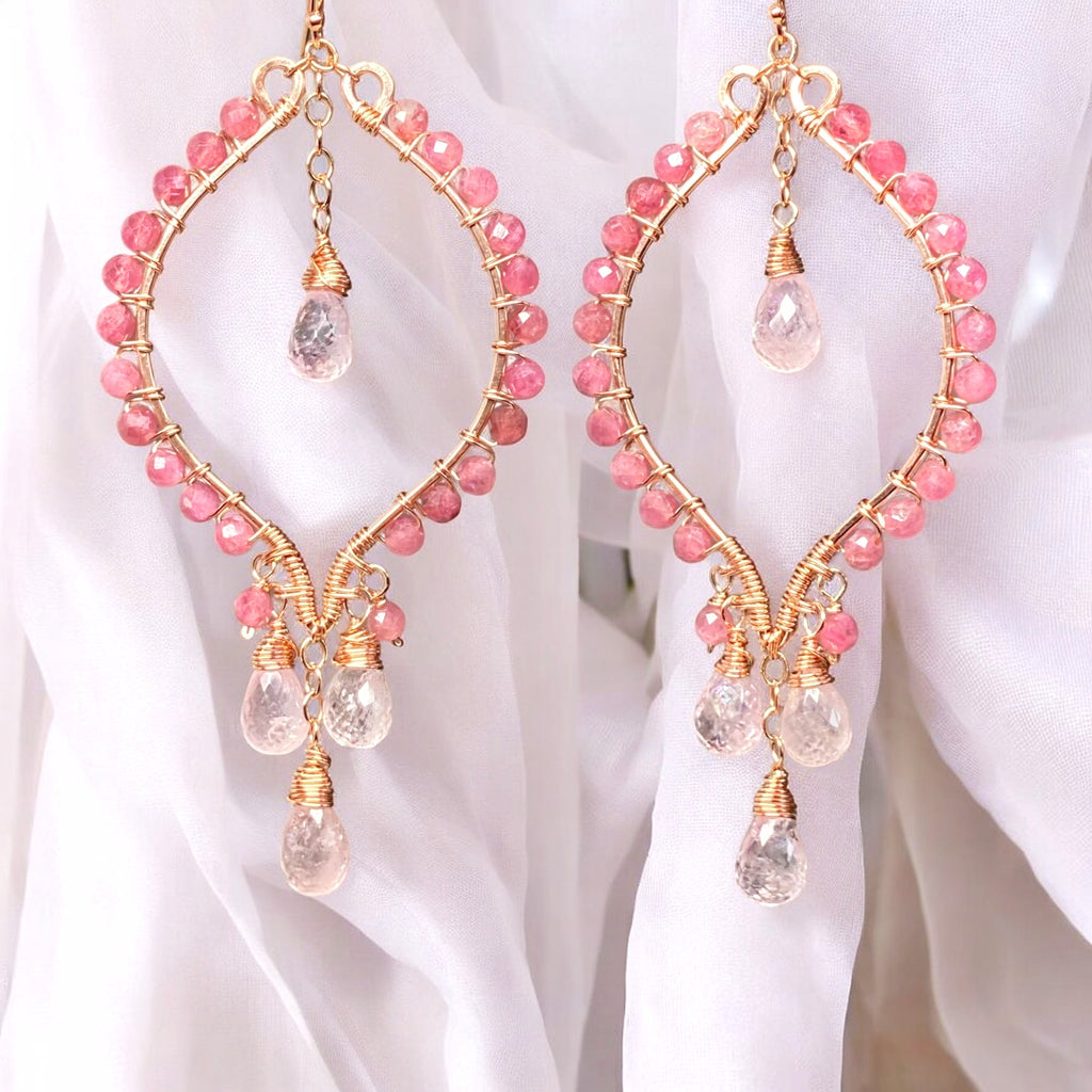 Pink Tourmaline and Morganite Rose Gold Hoop Chandelier Earrings