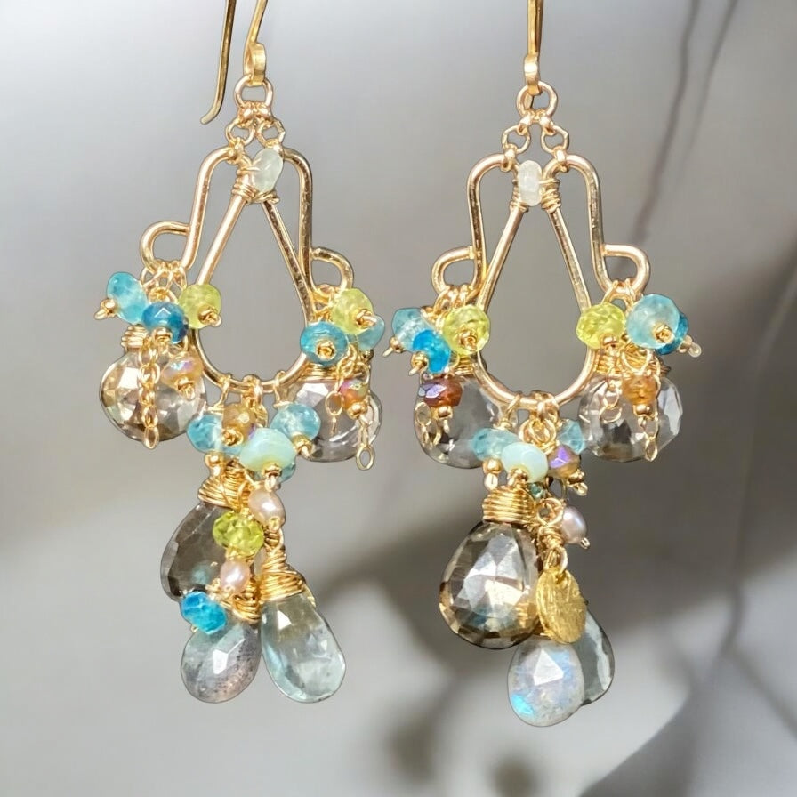 Gold Filled Gemstone Chandelier Earrings Moss Aquamarine, Smokey Quartz, Apatite