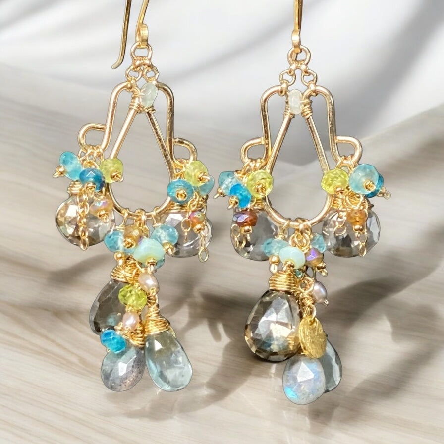 Gold Filled Gemstone Chandelier Earrings Moss Aquamarine, Smokey Quartz, Apatite