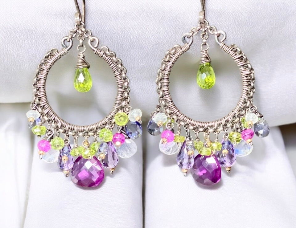 Multi Gemstone Chandelier Hoop Earrings - Peridot Lavender Violet