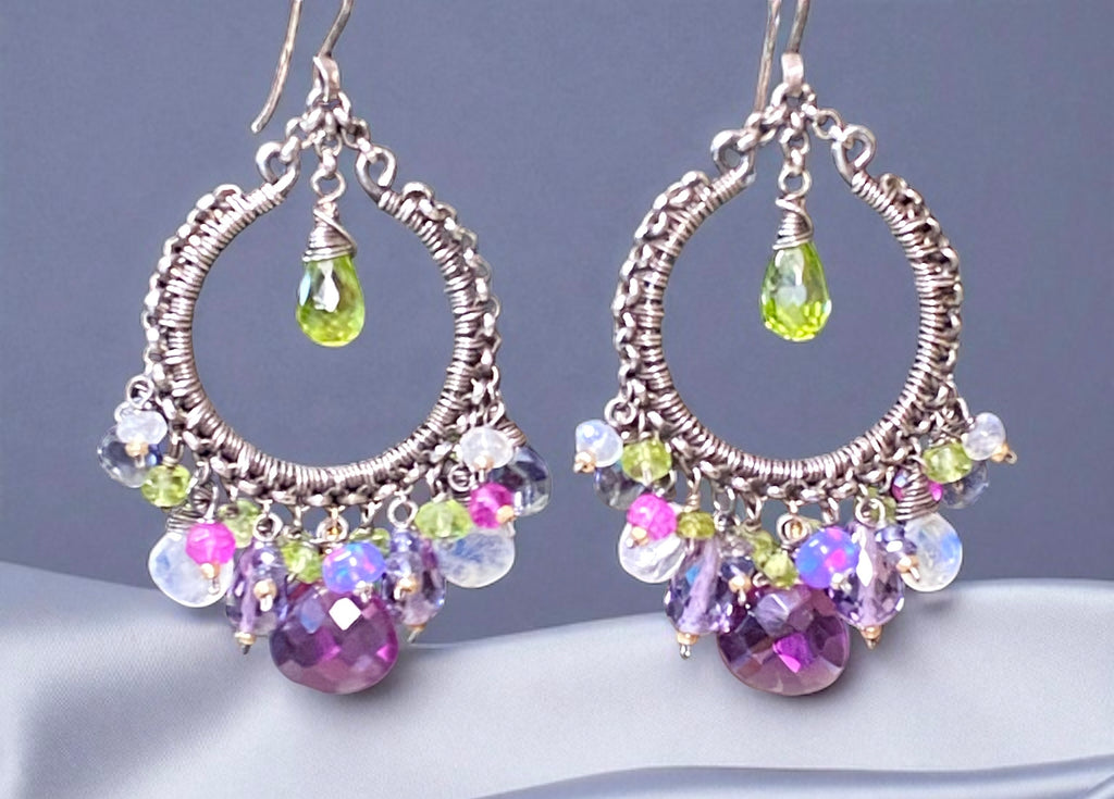 Multi Gemstone Chandelier Hoop Earrings - Peridot Lavender Violet
