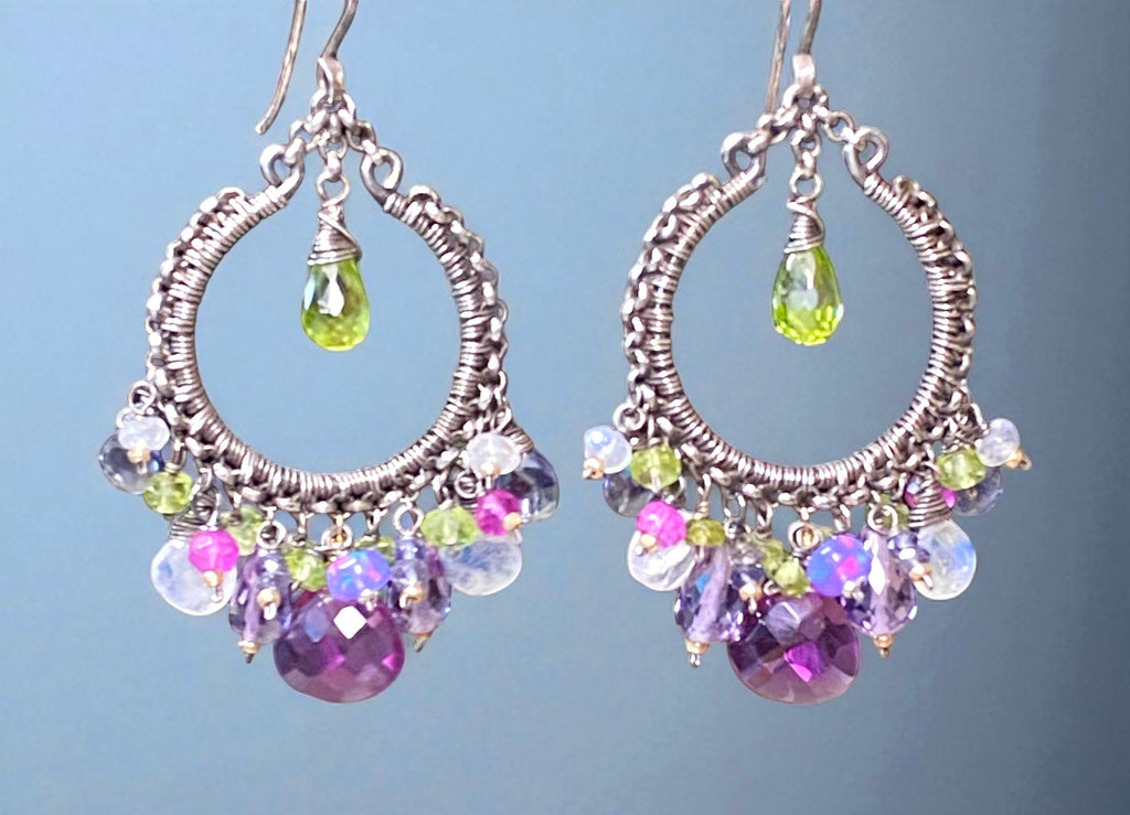 Multi Gemstone Chandelier Hoop Earrings - Peridot Lavender Violet