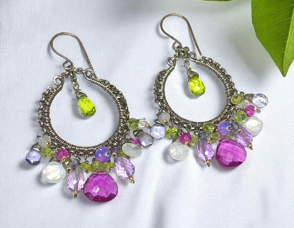Multi Gemstone Chandelier Hoop Earrings - Peridot Lavender Violet