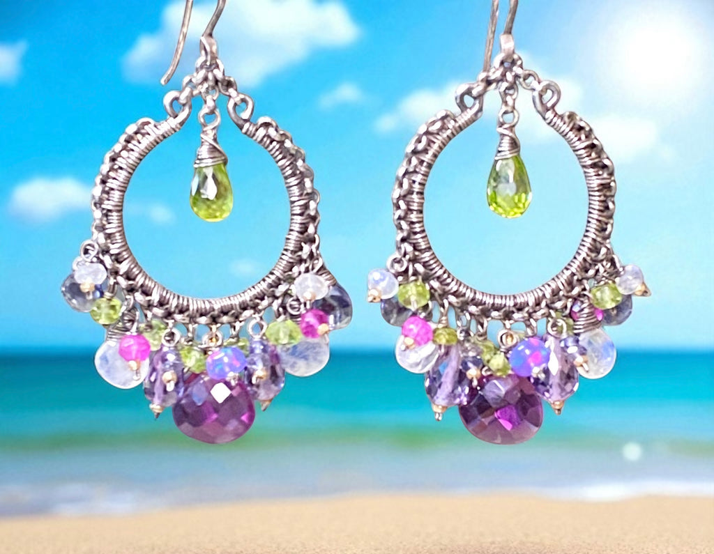 Multi Gemstone Chandelier Hoop Earrings - Peridot Lavender Violet