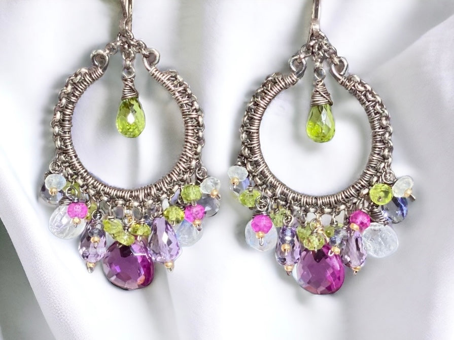 Multi Gemstone Chandelier Hoop Earrings - Lavender Violet