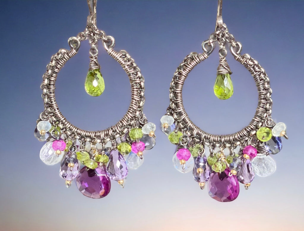 Multi Gemstone Chandelier Hoop Earrings - Lavender Violet