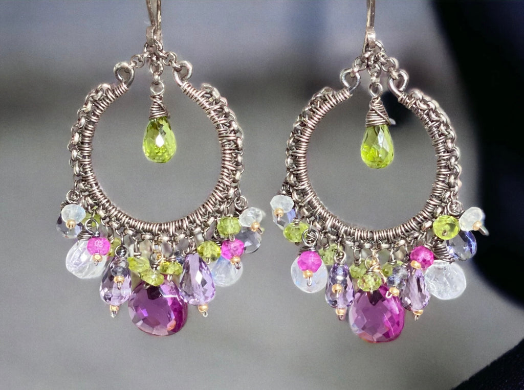 Multi Gemstone Chandelier Hoop Earrings - Lavender Violet