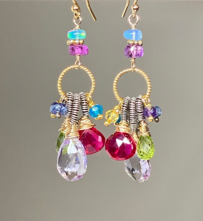 Multi Gemstone Dangle Earrings, Coiled Oxidized Silver Wire, Handmade