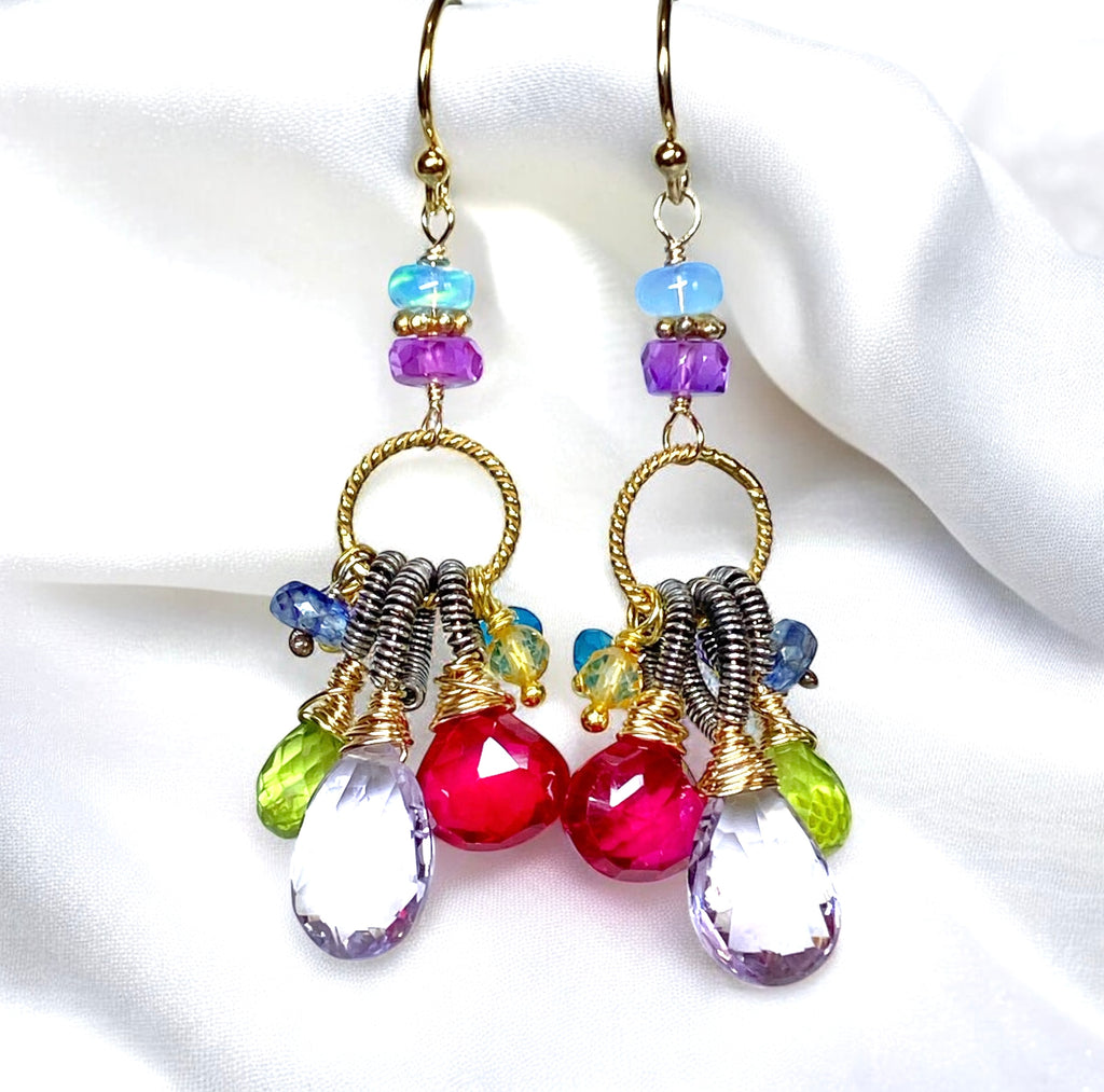 Multi Gemstone Dangle Earrings, Coiled Oxidized Silver Wire, Handmade