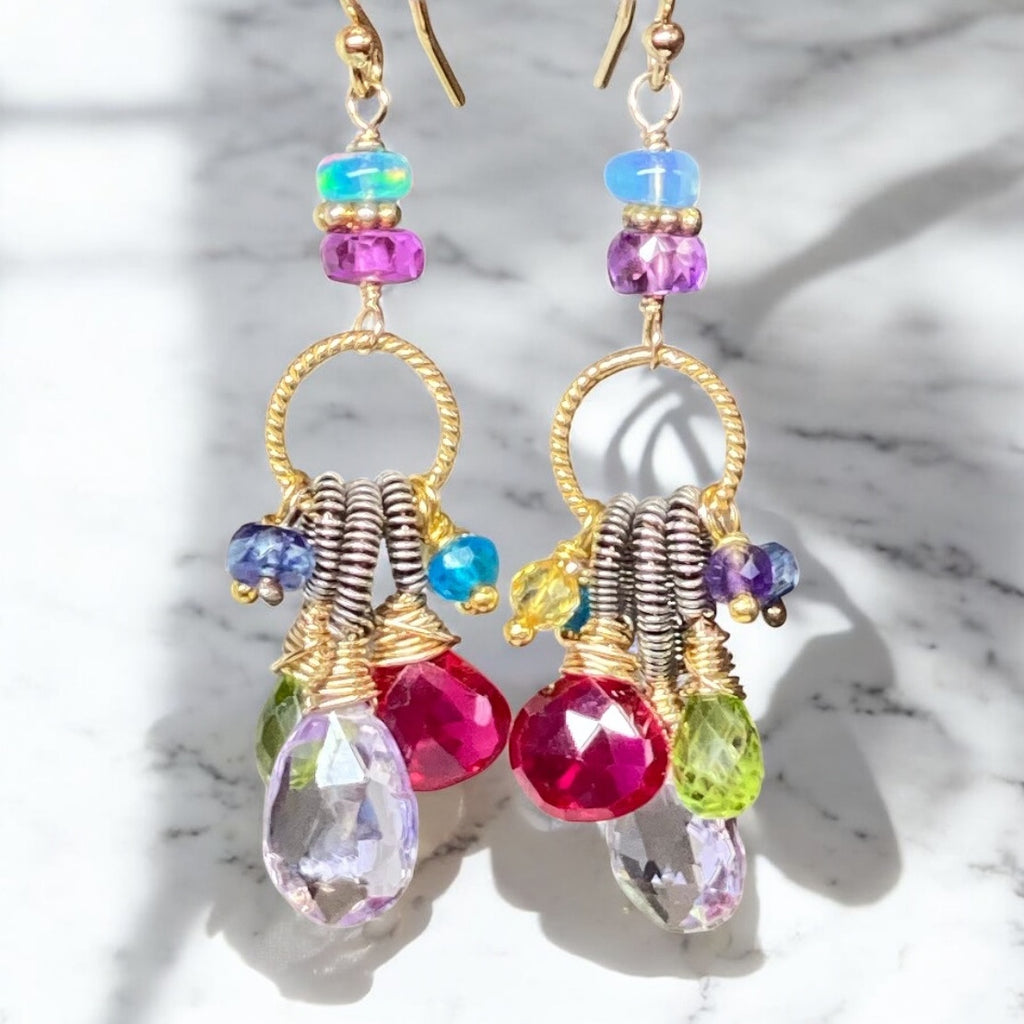 Multi Gemstone Dangle Earrings, Coiled Oxidized Silver Wire, Handmade