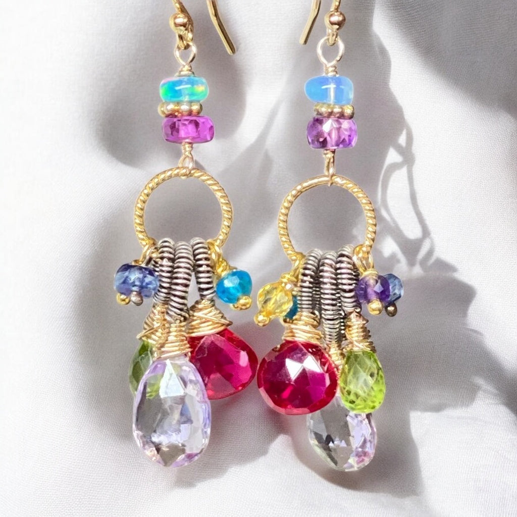 Multi Gemstone Dangle Earrings, Coiled Oxidized Silver Wire, Handmade