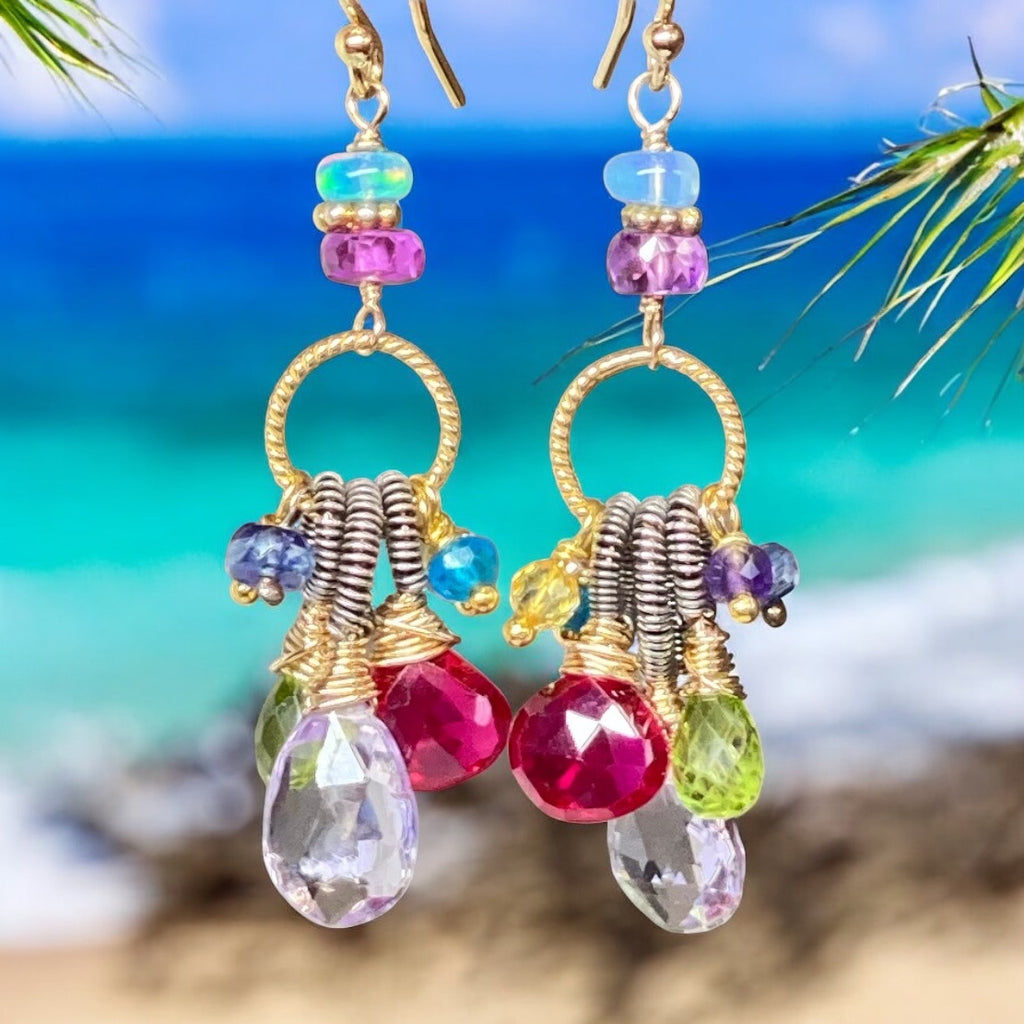 Multi Gemstone Dangle Earrings, Coiled Oxidized Silver Wire, Handmade