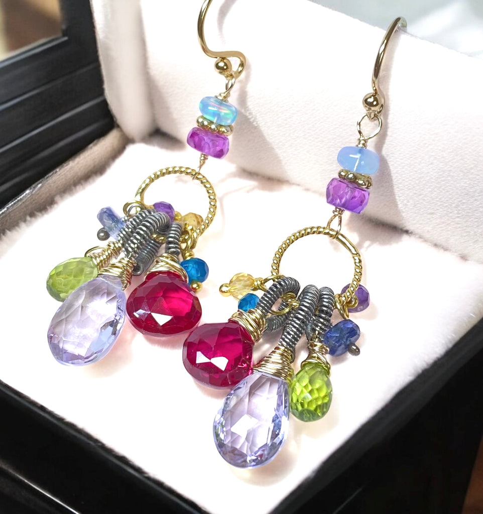 Multi Gemstone Dangle Earrings, Coiled Oxidized Silver Wire, Handmade
