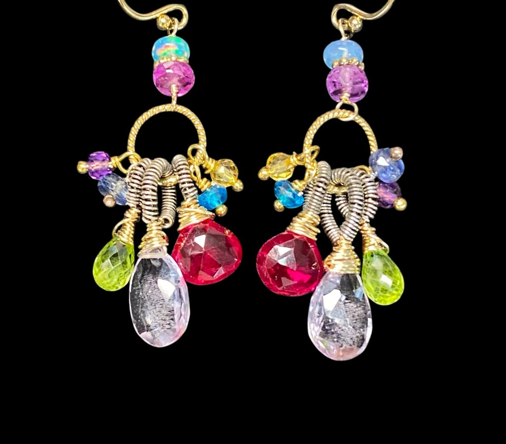 Multi Gemstone Dangle Earrings, Coiled Oxidized Silver Wire, Handmade