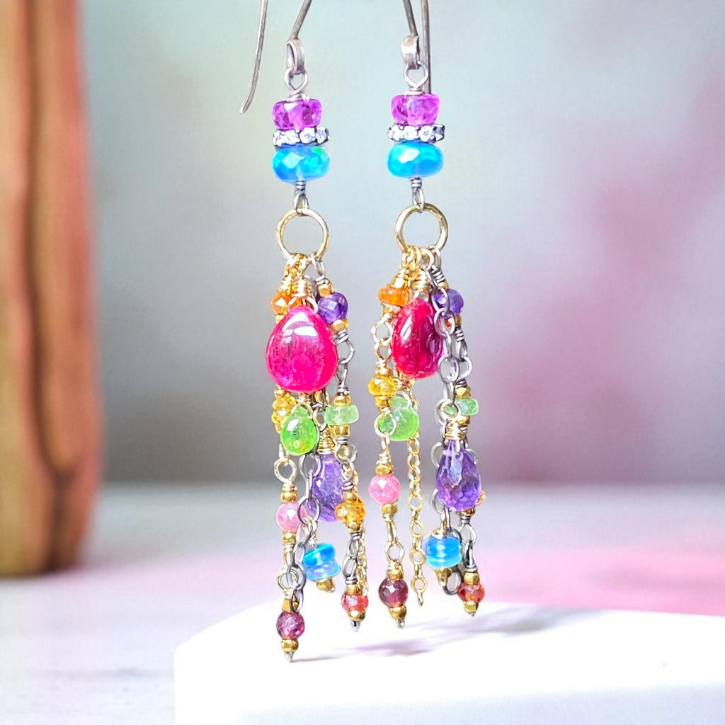 Colorful beaded earrings on a soft background