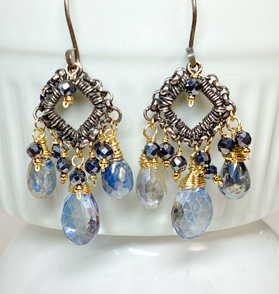 Mystic Blue Quartz Mixed Metal Chandelier Earrings