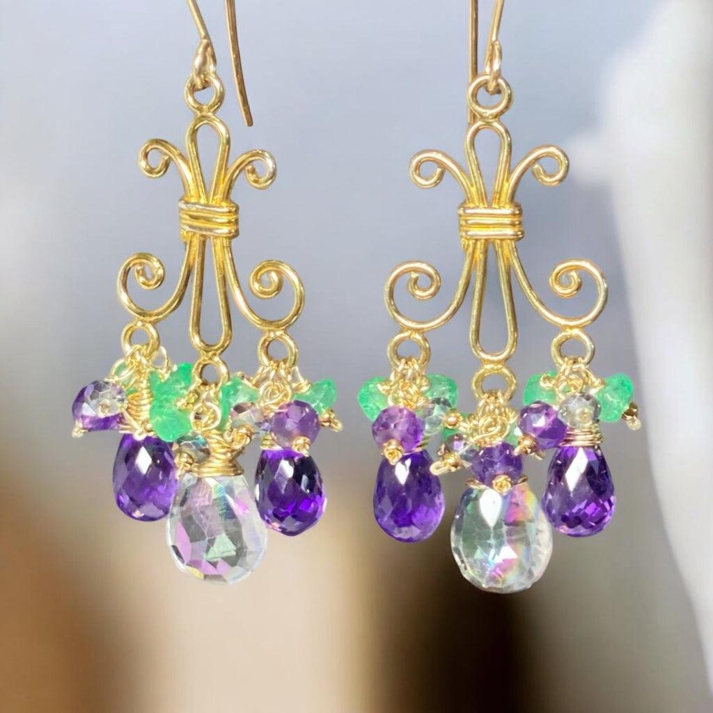 Mystic Topaz Chandelier Earrings in Gold Fill with Amethyst, Green Topaz