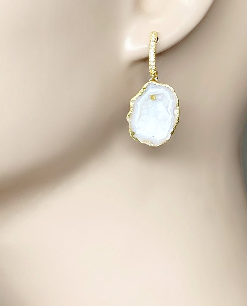 White Tabasco Geode 24 kt Gold Leaf Bridal Earrings with Long Dangling Chains