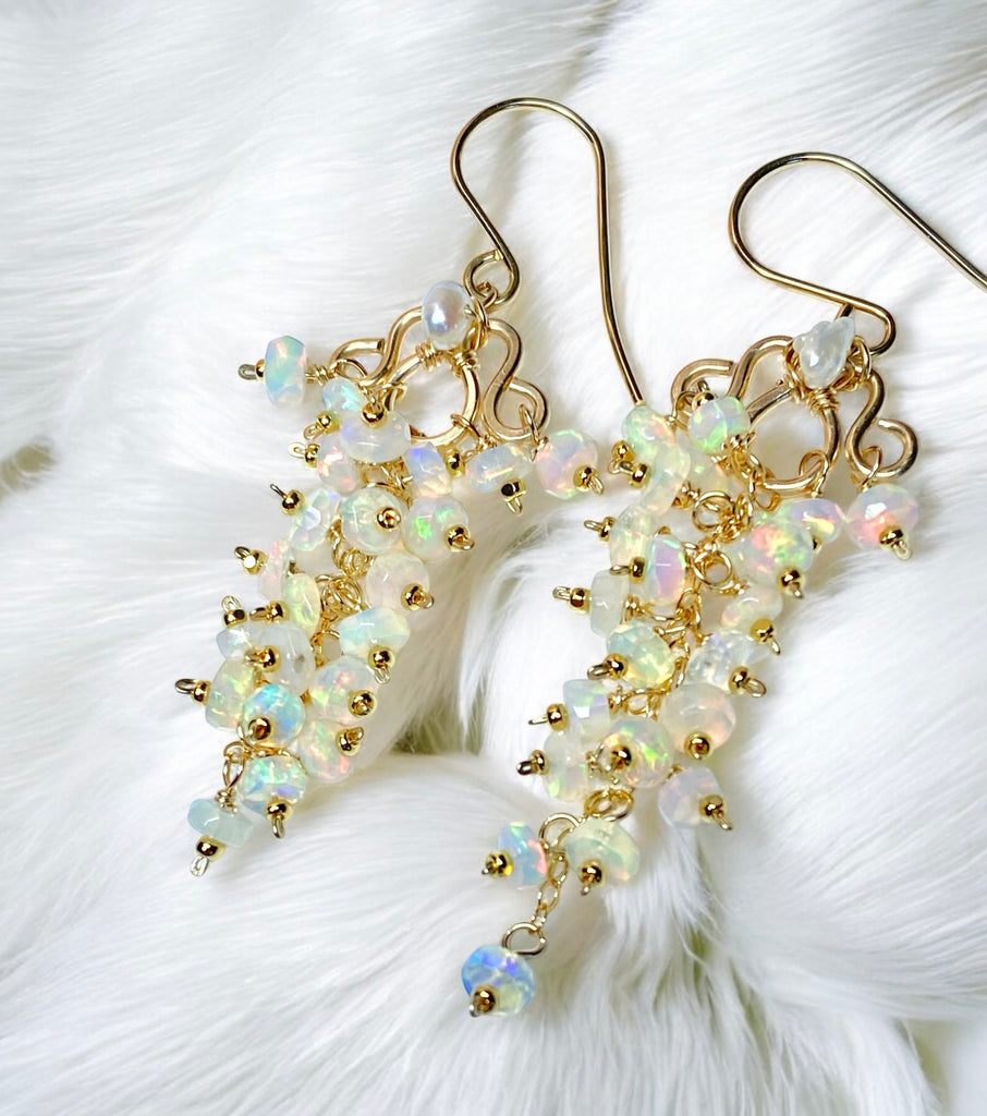 White Ethiopian Opal Chandelier Tassel Earrings Gold Fill