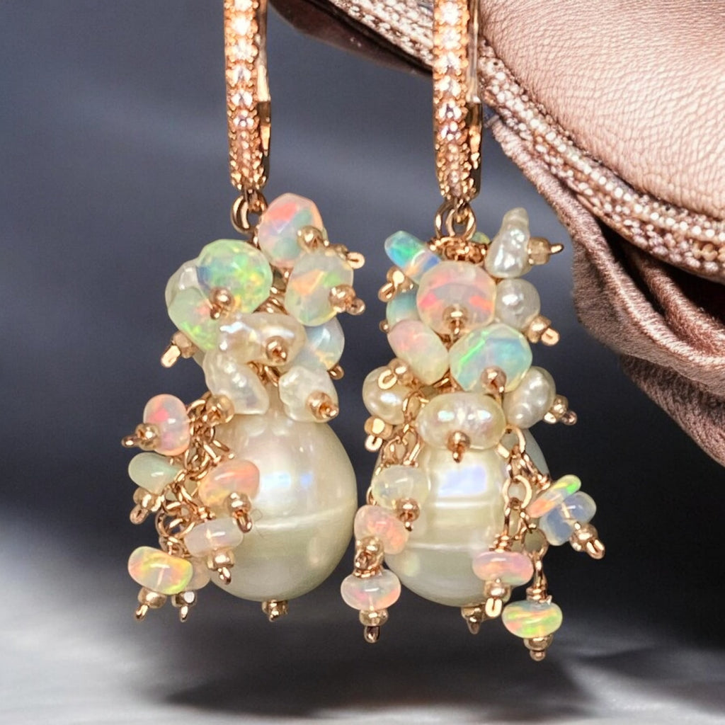 Pearl and Ethiopian Opal Cluster Earrings