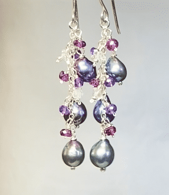 Peacock Edison Pearl Dainty Dangle Earrings with Amethyst, Garnet, Herkimer Diamonds