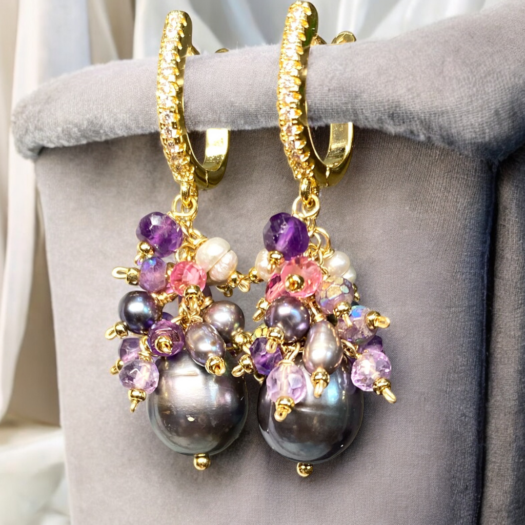 Black Peacock Pearl Earrings Amethyst and Pink Gemstone Clusters Gold Fill