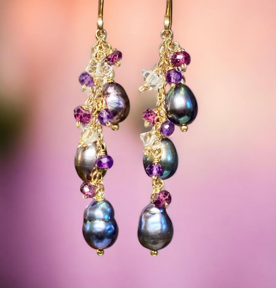 Peacock Edison Pearl Dainty Dangle Earrings with Amethyst, Garnet, Herkimer Diamonds