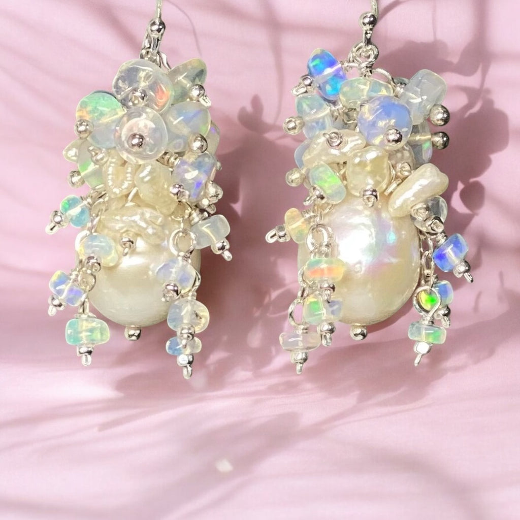 Pearl Ethiopian Opal Cluster Bridal Earrings Sterling Silver