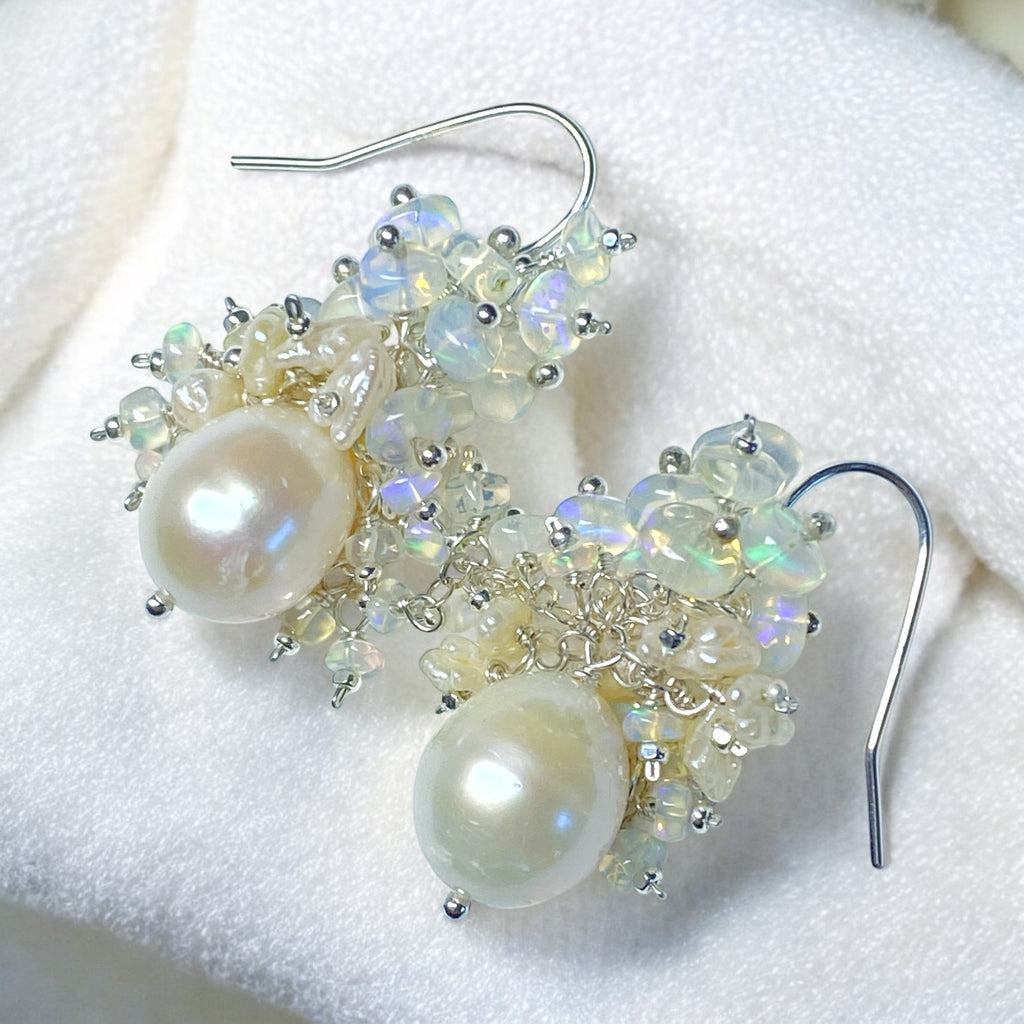 Pearl Ethiopian Opal Cluster Bridal Earrings Sterling Silver