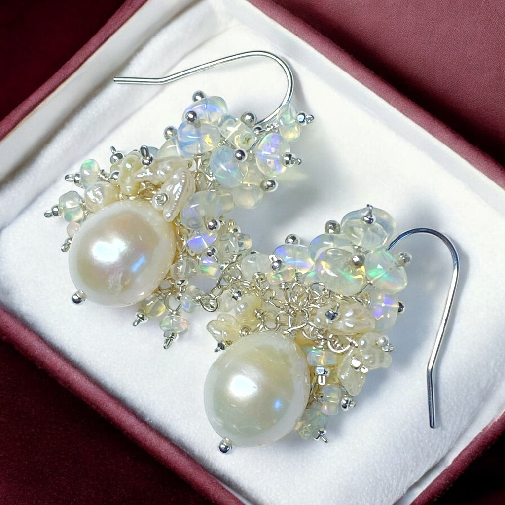 Pearl Ethiopian Opal Cluster Bridal Earrings Sterling Silver