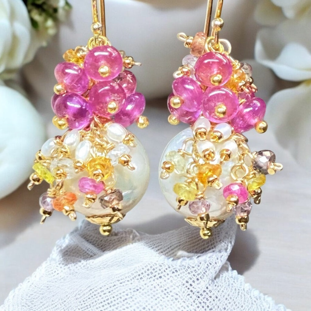 Pearl and Pink Sapphire Cluster Earrings Gold 3