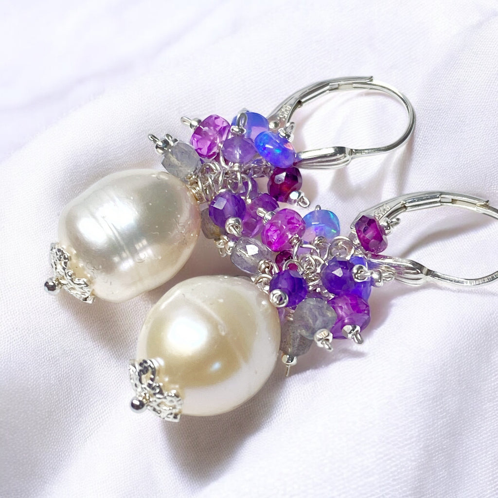 Pearl Cluster Earrings with Pink Purple Sapphire, Labradorite, Amethyst, Opal in Sterling Silver