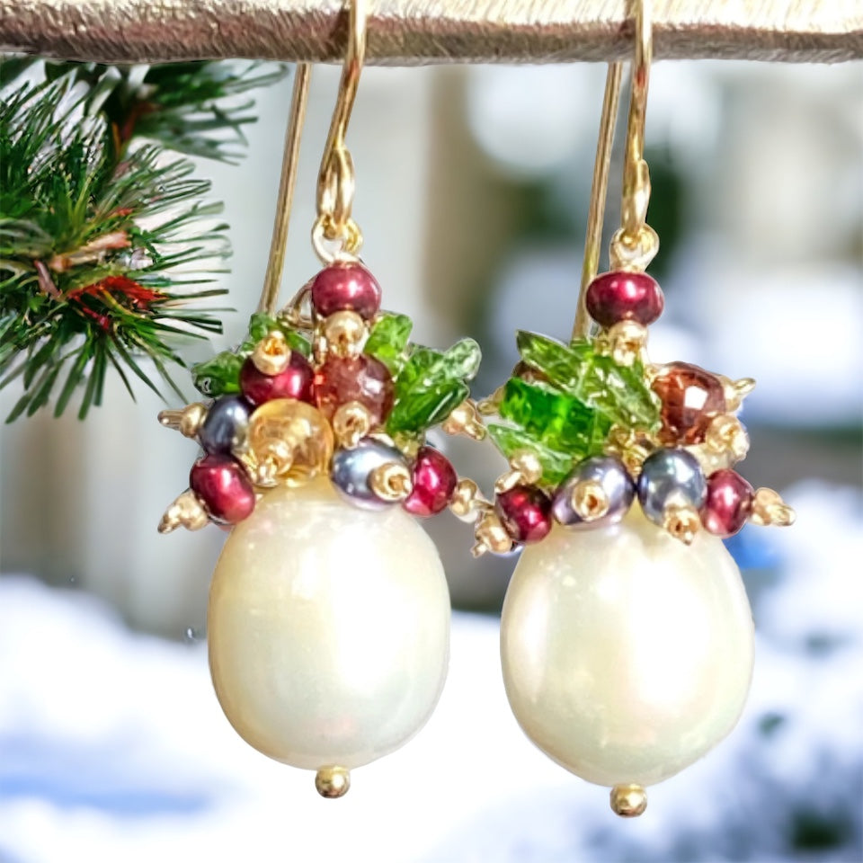 Pearl Cluster Earrings with Red, Green Gemstone Clusters