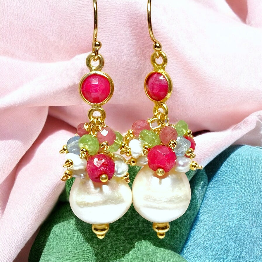 Pearl Cluster Earrings with Ruby, Aquamarine, Peridot in Gold Fill