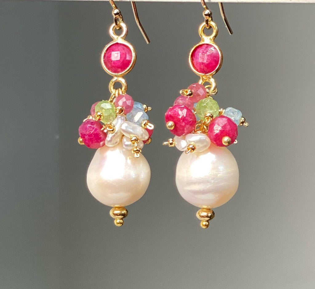 Pearl Cluster Earrings with Ruby, Aquamarine, Peridot in Gold Fill