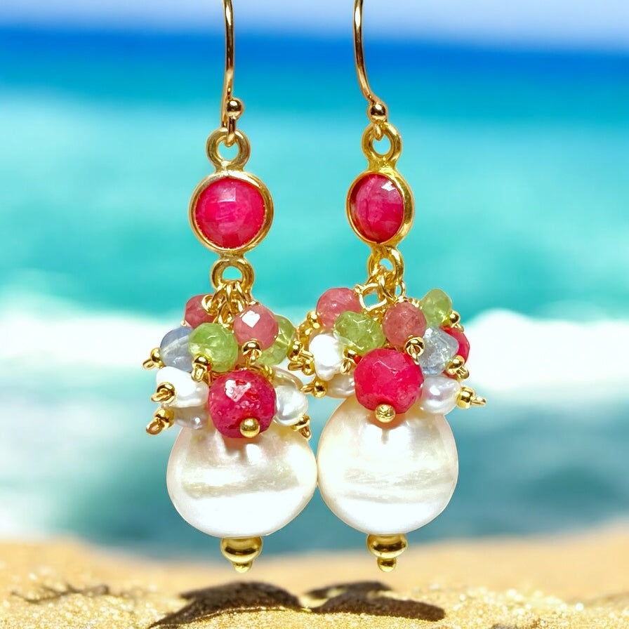 Pearl Cluster Earrings with Ruby, Aquamarine, Peridot in Gold Fill