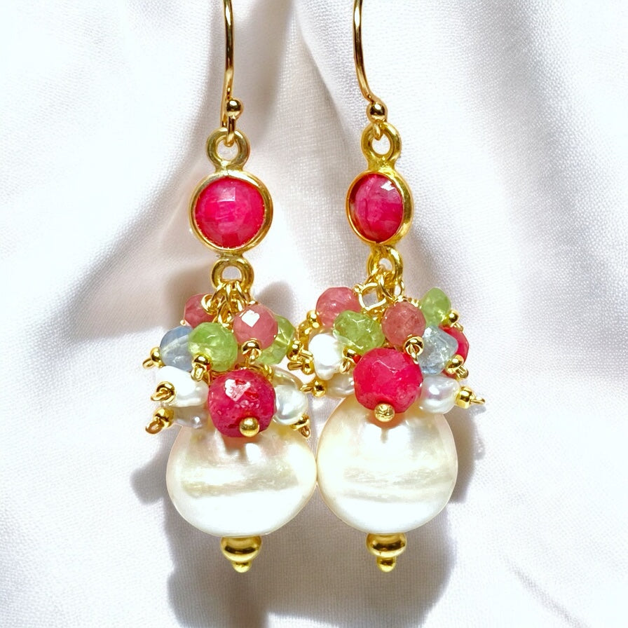 Pearl Cluster Earrings with Ruby, Aquamarine, Peridot in Gold Fill