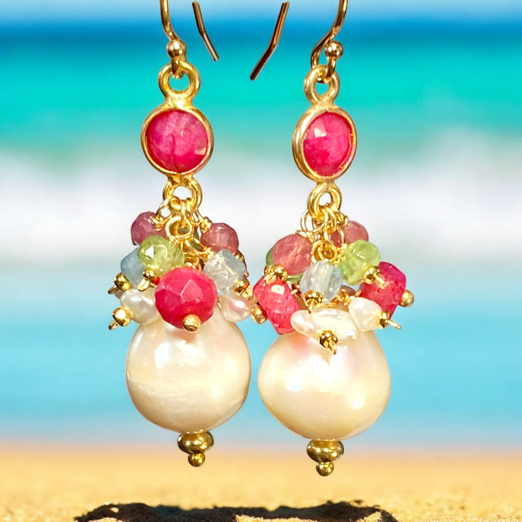 Pearl Cluster Earrings with Ruby, Aquamarine, Peridot in Gold Fill