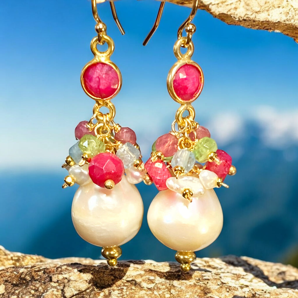 Pearl Cluster Earrings with Ruby, Aquamarine, Peridot in Gold Fill