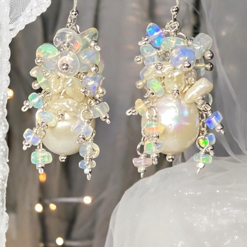 Pearl Ethiopian Opal Cluster Bridal Earrings Sterling Silver