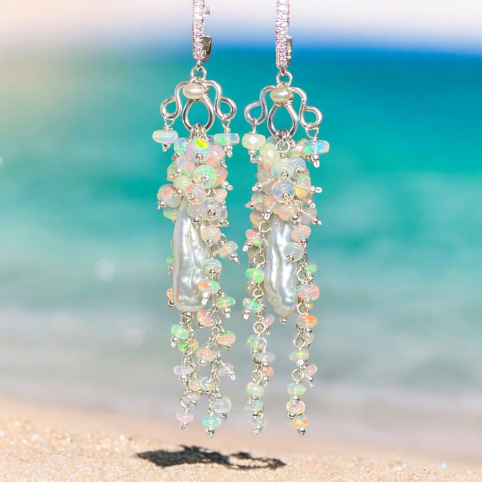 Handmade Bridal Chandelier Earrings with Opals, Sterling Silver 2