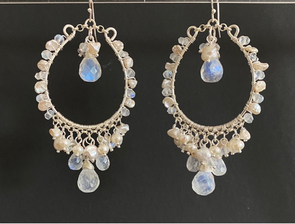 Moonstone Hoop Chandelier Statement Boho Wedding Earrings